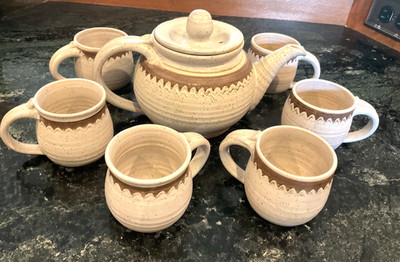 1950s Mid-Century Mod 10 pc Set Pitcher & Mugs Pottery ESR Sawa Keramik Germany