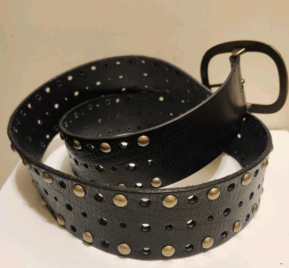 New Linea Pelle Black Leather Bronze Studded Wide Belt Womens Sz.L Ret. $165 - Image 4 of 4