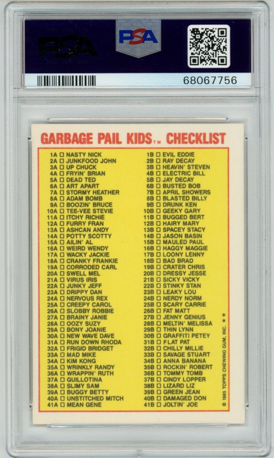 1985 Topps OS1 Garbage Pail Kids Series 1 ADAM BOMB CHECKLIST 8a Matte PSA 6 EX view 2