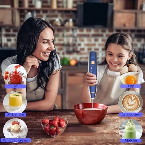 Milk Frother Handheld Foam Maker with 2 Stainless Stirring Head 3 Speed Recha...