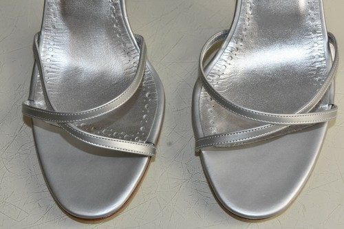 New Manolo Blahnik Strappy Sandals Matte Satin Leather Silver Shoes Wedding 37 - Picture 3 of 8