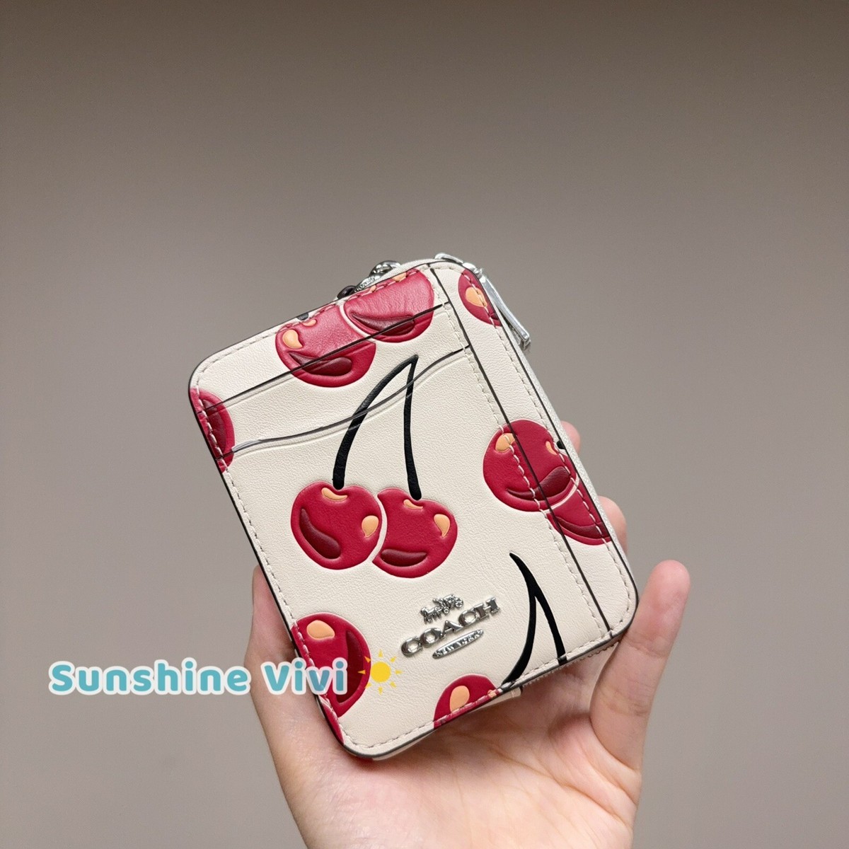 NWT Coach Zip Card Case With Cherry Print CZ761 Silver/Chalk Multi