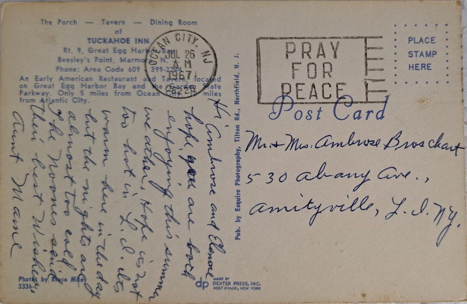 Marmora NJNew Jersey, Tuckahoe Inn, Dining Interior, Vintage Postcard