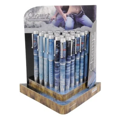 CHAMP Kugelschreiber mit Kappe 24er-Pack | Jeans-Look | Theken-Display | feine Spitze