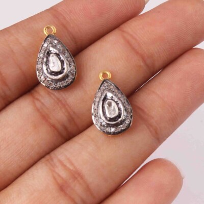 16CT Polky Rose Cut Diamond Pear Shape Connector, 925 Sterling Vermeil 