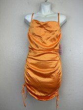 Wild Fable Women's XS Orange Satin Sleeveless Ruched Sides Bodycon Mini Dress