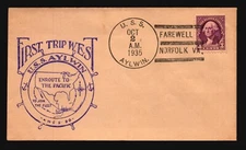 USS Aylwin 1935 First West Trip Cachet Cover / Norfolk - Z19656