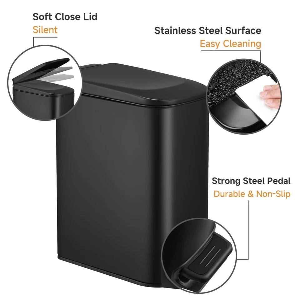 Slim Bathroom Trash Can with Lid, Soft Close, Step Treads - Image 3 of 4