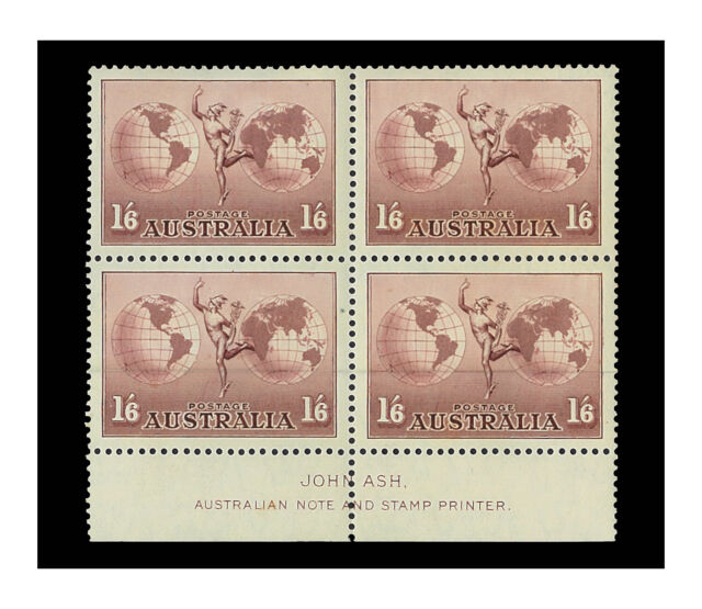 Australia 1937 1/6 Hermes WMK Thick Paper Ash Imprint Block/4 Stamps BW162za 9-1