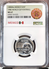 1985 MEXICO SILVER 25 PESOS 1986 WORLD CUP FOOTBALL NGC MS 67 SCARCE GEM