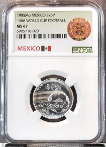 1985 MEXICO SILVER 25 PESOS 1986 WORLD CUP FOOTBALL NGC MS 67 SCARCE GEM