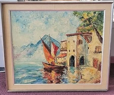 Oil on Canvas Painting Coastal Scene Sailboat And Terracota Houses Signed Koch P