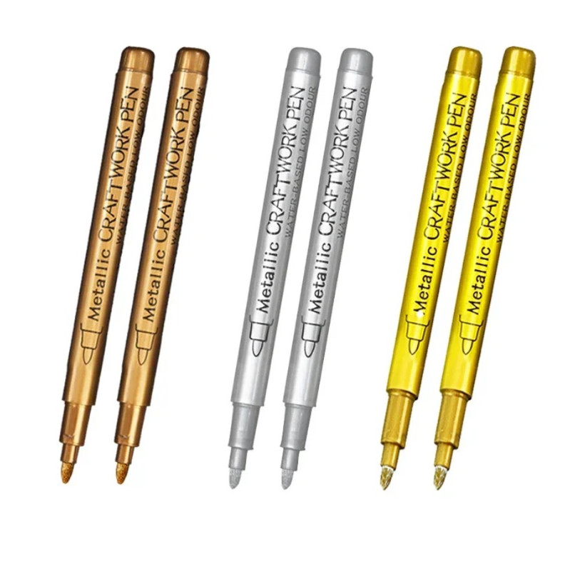 6pcs Metallic Brush Paint Marker Pens Gold & Silver Permanent Art Set - NEW