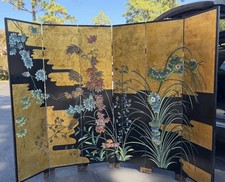 Japanese Byobu Folding Screen - Front Gold Floral, Back Black Lacquer Birds