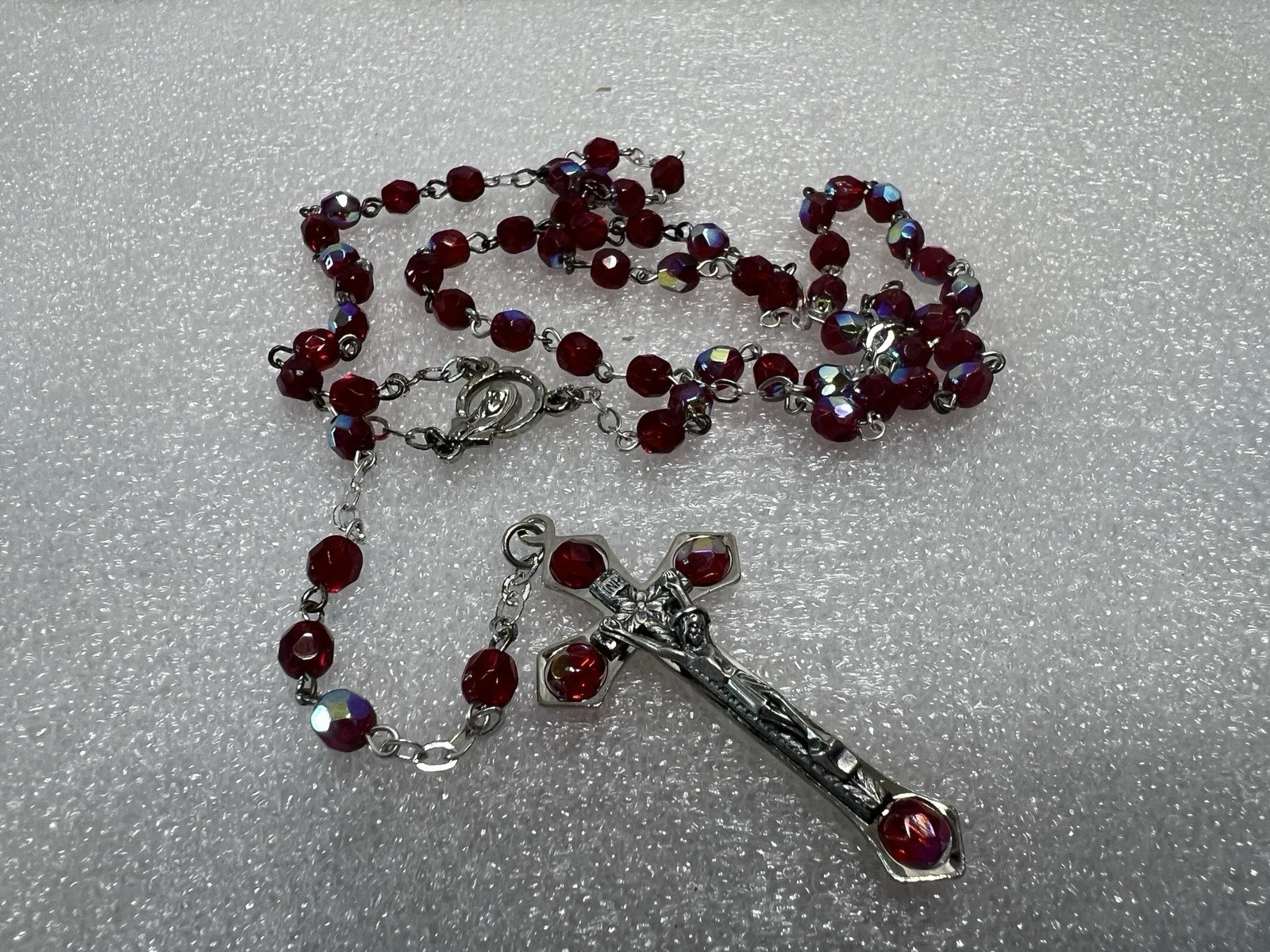 Vintage Red Iridescent Glass Faceted Beads Catholic Rosary￼ - Picture 1 of 8