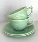 Jadeite Fire King Set of 2 Cup & Saucers  Ribbed Jane Ray Pattern