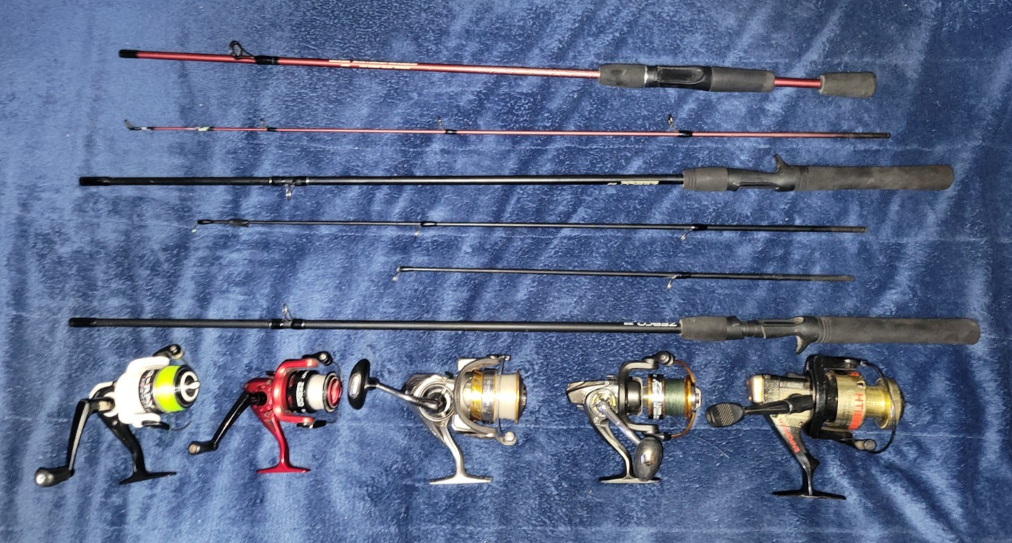Lot of 5 Reels, 3 Fishing Poles and Fishing Line