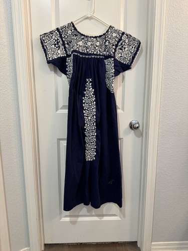 1970s San Antonino Oaxaca Indigenous Hand Embroidered Navy Floral Dress.