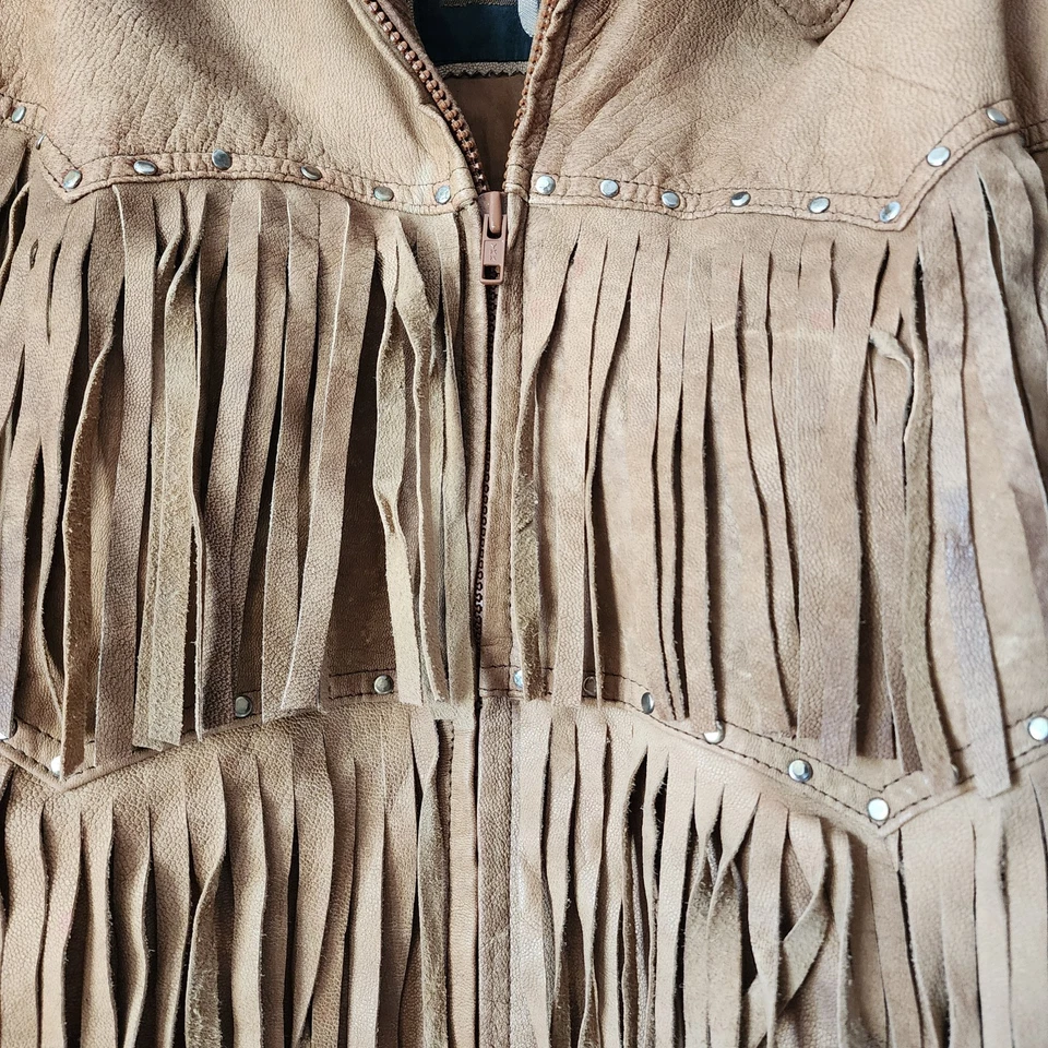 Chaqueta Vintage Años 90 Gamuza Cuero Flecos Marrón Camel Western Boho Grunge L Foto 3 de 4