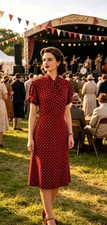 Vintage 1940s 1950s Style Red Cream Polka Dot Tea Dress Size 12 short TWINWOOD