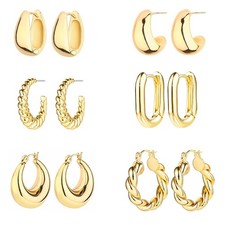 6 Pairs 14K Gold Plated Hoop Earrings for Women Lightweight Chunky Hoop Earri...