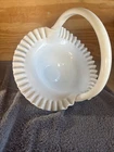 Fenton White Milk Glass Hobnail Ruffled Bridal Basket With Handle 9.75” Vintage