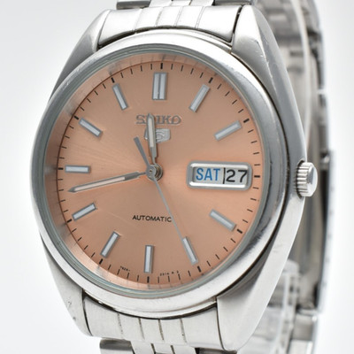 Seiko 5 Automatic Salmon Pink Dial 7S26-0430 Day Date Men's Watch Vintage 36mm