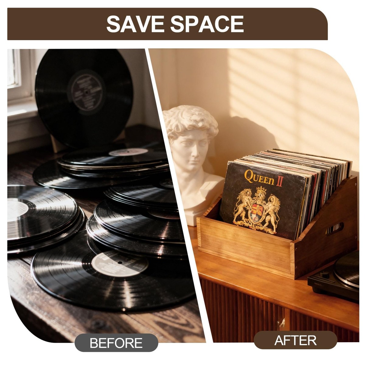 Wooden Vinyl Record Storage Crate, Large-Capacity Retro Record