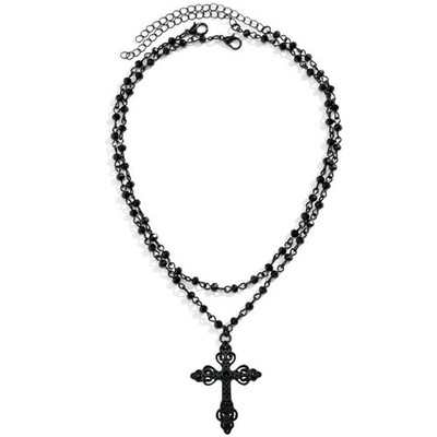 Gothic Bead Cross Necklace Layered Choker Necklaces for 45 cm, Black 
