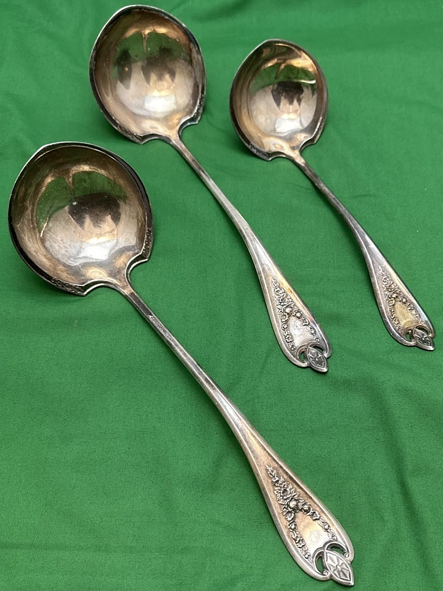 3 Pc 1911 OLD COLONY Silverplated SOUP LADLES 1847 Rogers Bros 9.5" - 11.5"