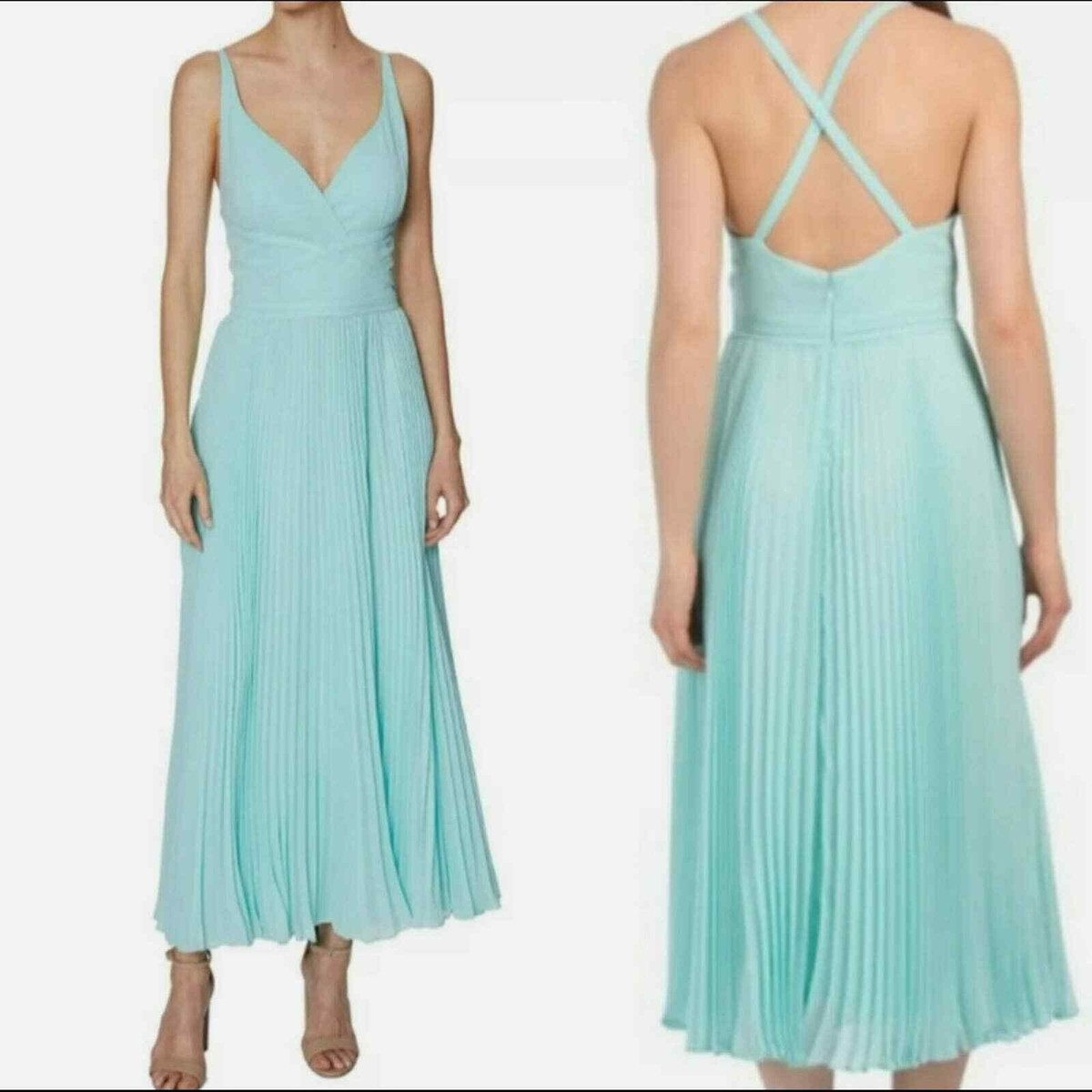 Laundry by Shelli Segal Mint Chiffon Pleated Deep V-Neck Midi Dress Size 0  $198