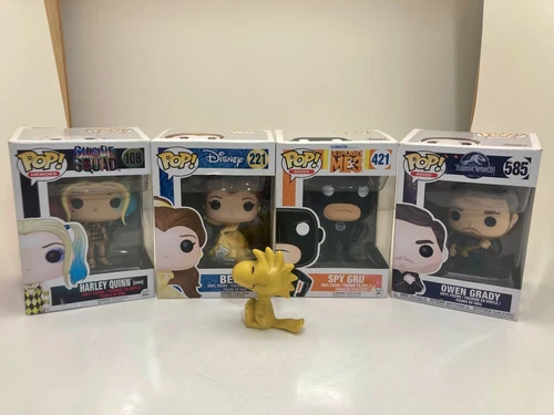 4 Funko Pop! Harley Quinn Gown #108 Belle #221 Spy Dru #421 Owen Grady #585