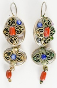 Authentic Vintage Signed Michal Golan 24K Gold Plated Lapis Coral Hook Dangle Earrings