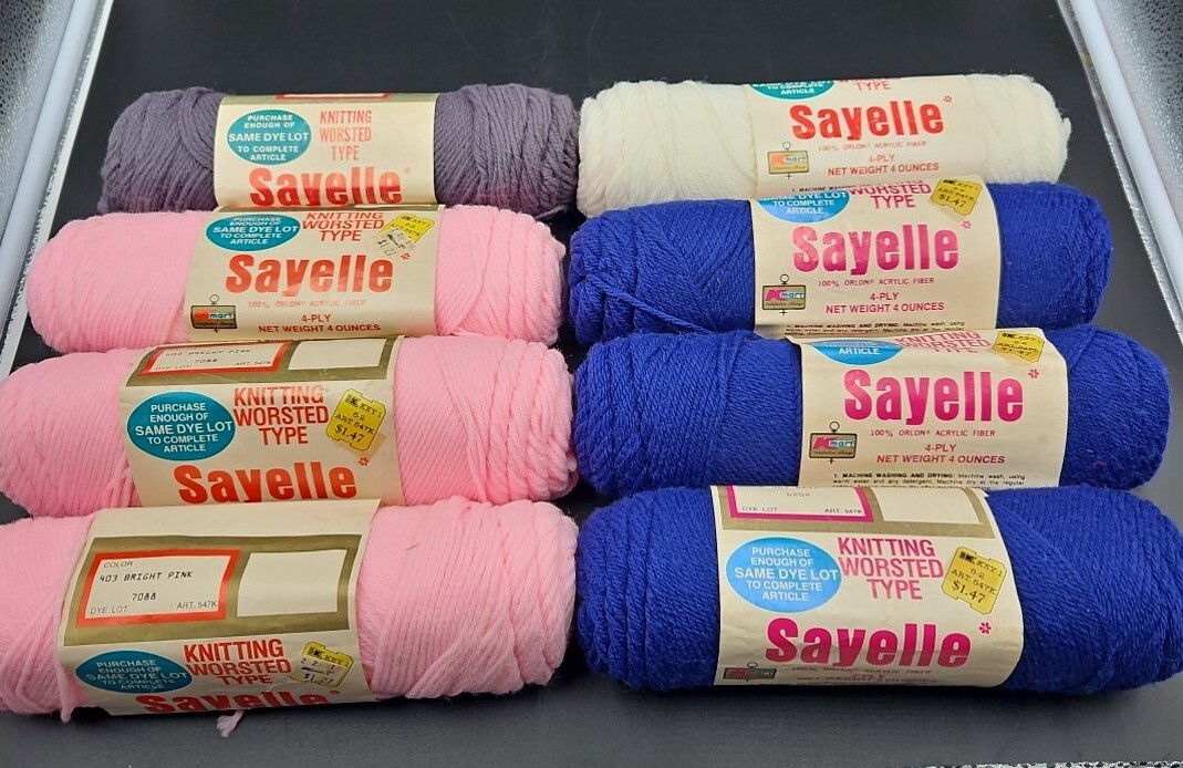 8 Vintage Sayelle Yarn 4ply Net Weight 4oz 3Pink, 3Navy, 1White