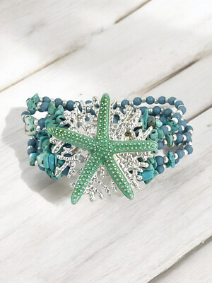 Starfish and Coral Reef Layerd stretch bracelet, Beach theme Starfish Bracelet