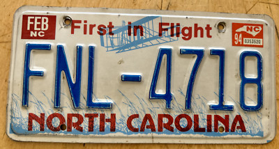 1994 NORTH CAROLINA GRAPHIC  AUTO LICENSE PLATE '' FNL 4718 '' NC FIRST IN FLIGHT