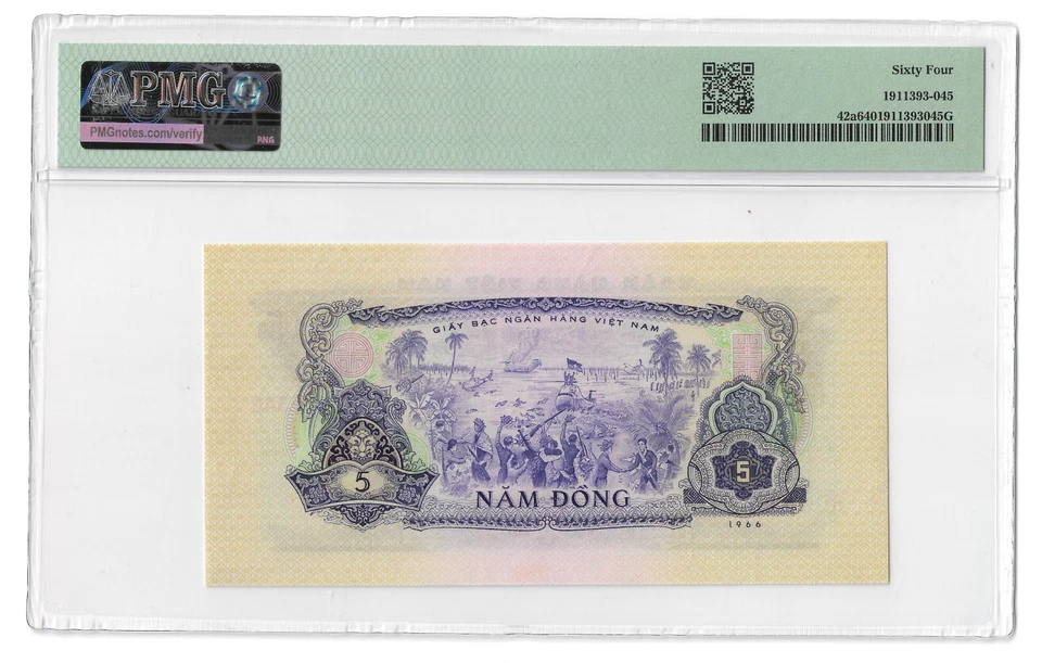 Billete de banco Viet Cong - Batalla - VIETNAM 5 Dông 1966 P42a Elección UNC PMG 64 - C.91 Foto 3 de 4