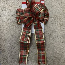 Celebrate It Large Bow Wired Ribbon Red Tartan Plaid Gold Trim Christmas Decor
