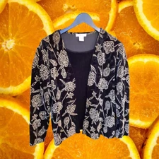 Notations Black Velvet with Gold Flower Cardigan with Attached Velvet Top Size L