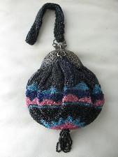 Antique Victorian Gold Filigree Frame Pink Blue Multi Colored Bead Puffy Purse