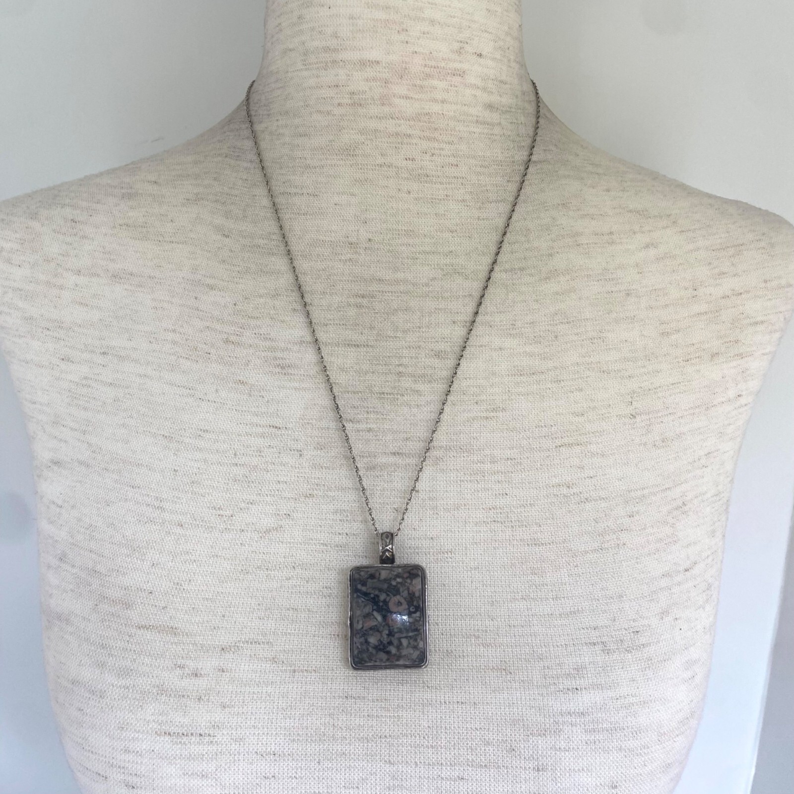 Sterling Silver 925 Rectangular Crinoid Fossil Ca… - image 2