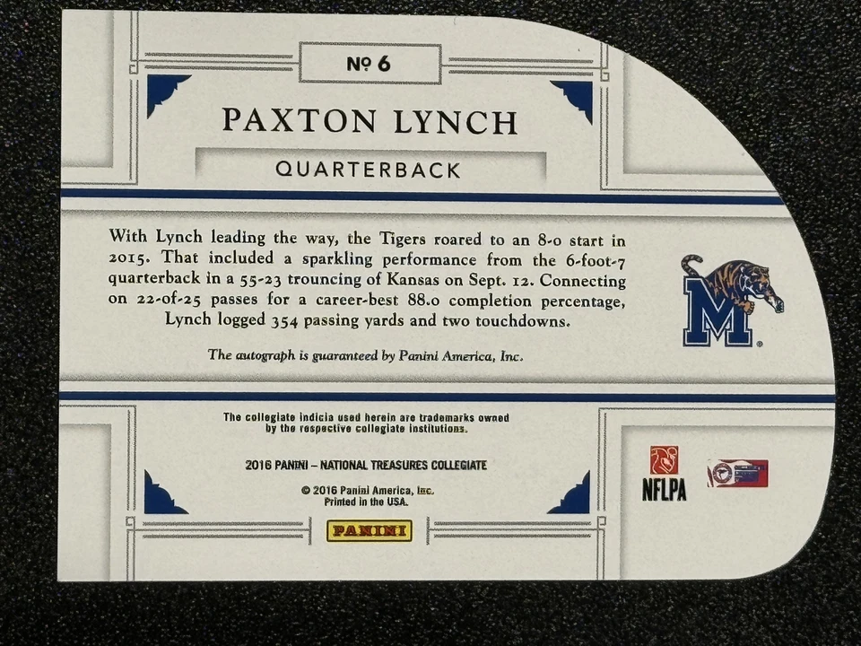 2016 National Treasures Collegiate #6 Paxton Lynch #/99 Die-Cut Auto Rookie RC - Image 2 of 2