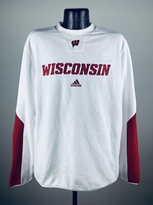 Men's Wisconsin Badgers Adidas White Climawarm Sideline Fleece Crew Sweatshirt M