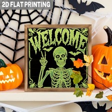 Green Skeleton Welcome Art Wooden Plaque Halloween Indoor Wall Decor Gift