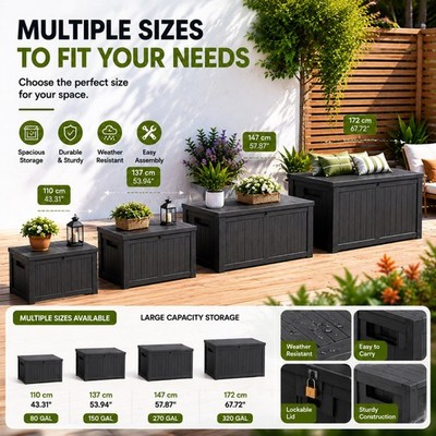80-320 Gallon Waterproof Resistant Resin Lockable Deck Box Outdoor Storage Box
