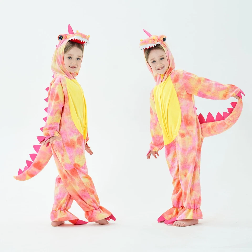 Niños T-Rex Dinosaurio Disfraz Mameluco con Capucha Mono Vestido Elegante S/100, Rosa Foto 4 de 4