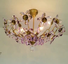 Crystal Chandelier Vintage Pink Colored Lighting Ceiling Fixture Pendant Lamp