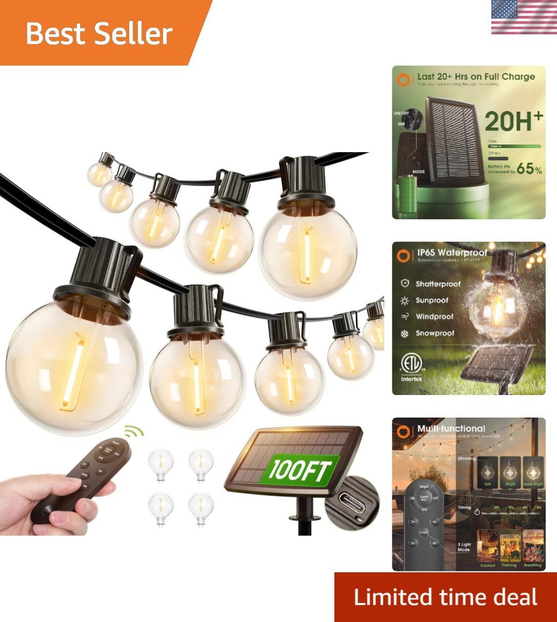 100FT Dimmable Solar String Lights with Timer Remote for Outdoor Decor