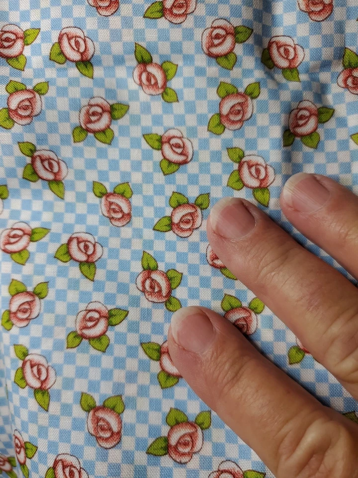 Tela de Costura Mary Engelbreit VIP Rosa Rosas Azul y Blanco Cuadros 1ydx44" Algodón Foto 3 de 4