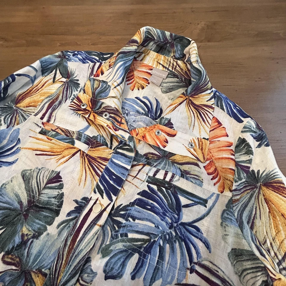 Chicos Dress Womens Size 1 Medium Multicolor Linen Floral Snap Pockets Tropical - Image 2 of 4